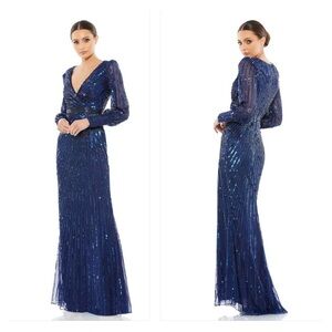 Mac Duggal 5501 NWT SEQUINED WRAP OVER BISHOP SLEEVE GOWN